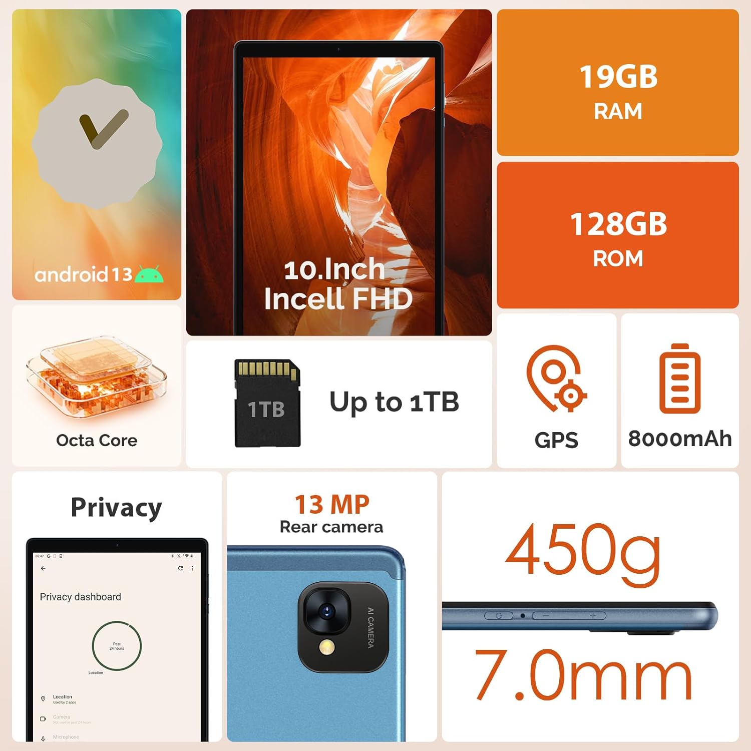 Blue 10.1 inch Android 13 Tablet with 128GB ROM, 19GB RAM, Keyboard and Mouse D471127