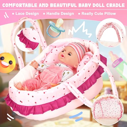 14 Inch Doll Playset with Carrier Bassinet Bed, Feeding Set, Doll Clothes F8132