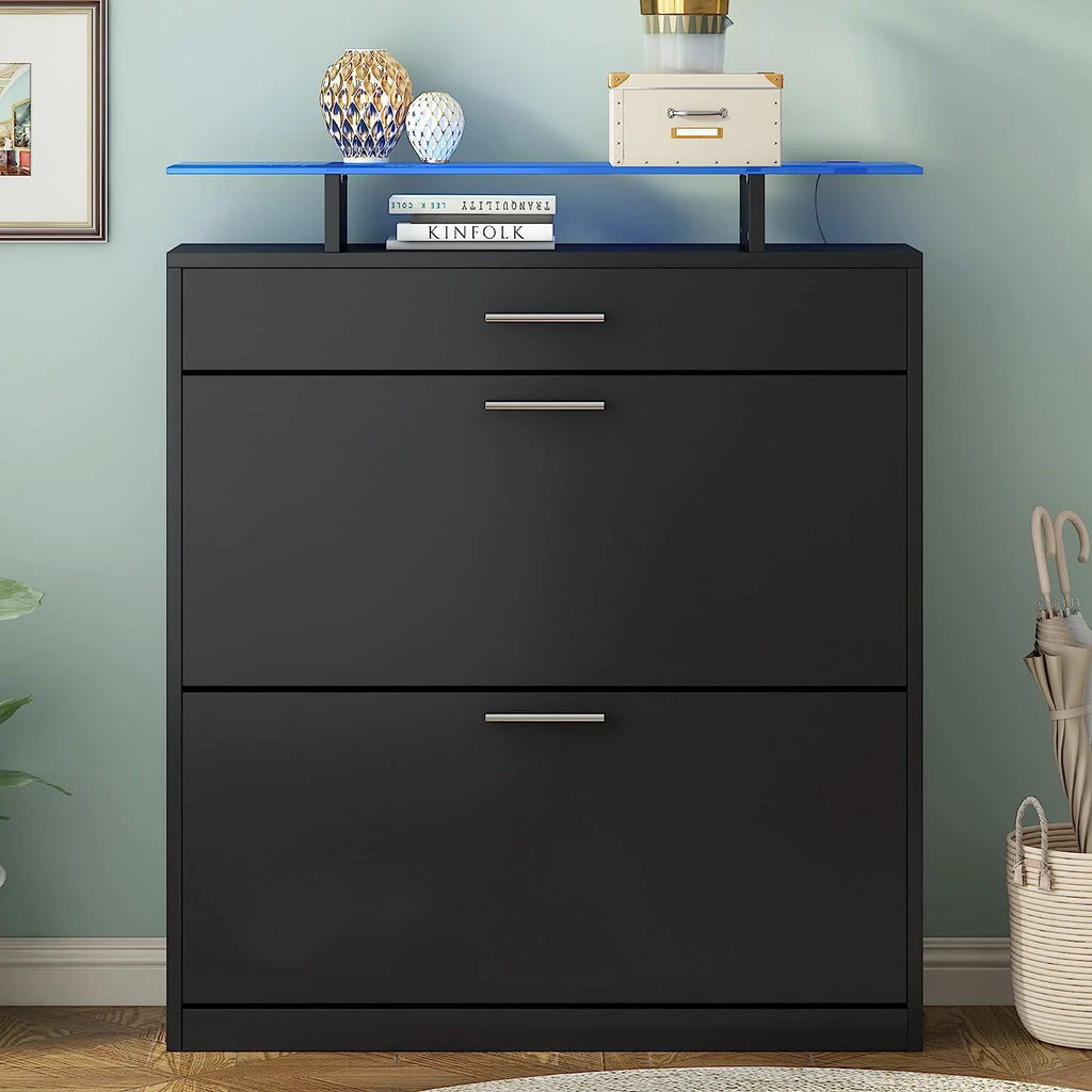 Black Slim Shoe Cabinet with 2 Flip Drawers and Tempered Glass Top G577