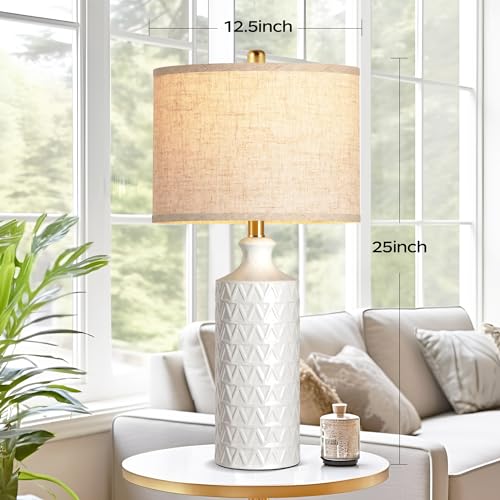 Farmhouse Ceramic Table Lamp Set of 2, 25" White Accent Lamp with 3-Color Temperature LED Bulbs M4032