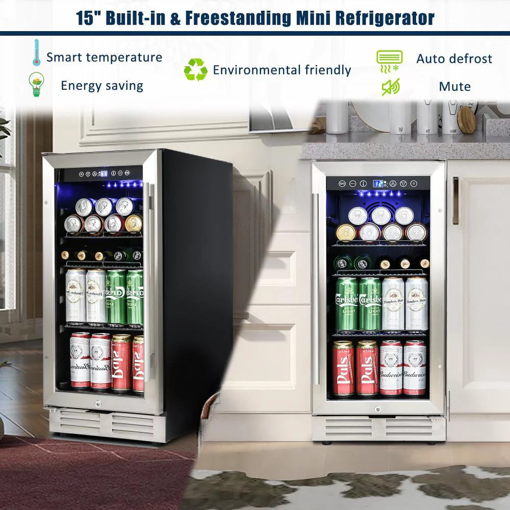 15 Inch Beverage Refrigerator Under Counter Built-in Wine Cooler Mini Fridge Clear Glass Door N288903