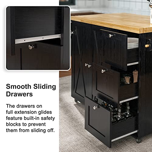 Black Rolling Kitchen Island Cart with Drop-Leaf Countertop, 3 Drawers, Rubberwood Top, on Wheels I767