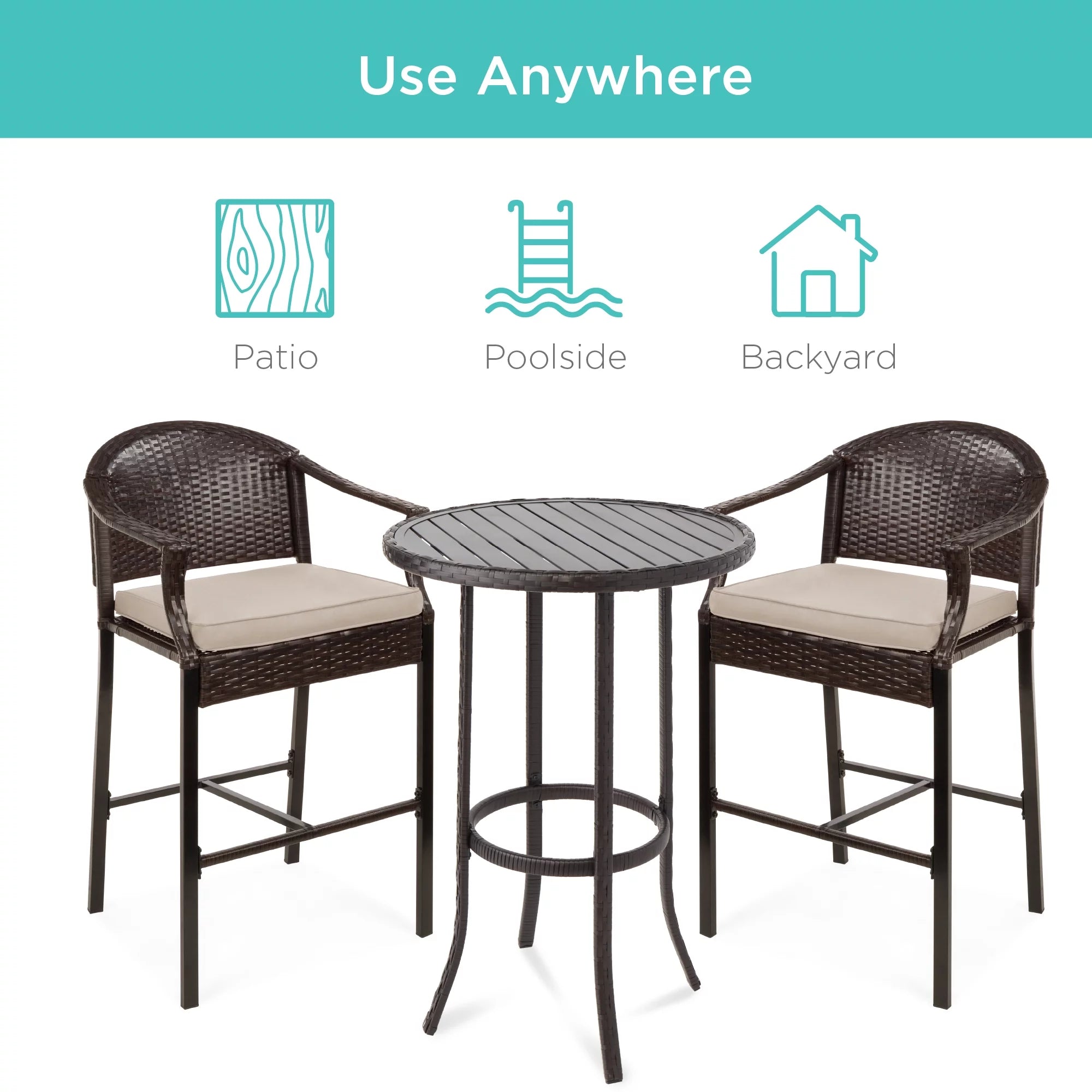3-Piece Outdoor Wicker Patio Bar Table Bistro Set with Barstools N386205