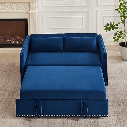 Blue Velvet 55 Inch Sleeper Sofa with Pull-Out Bed X27447