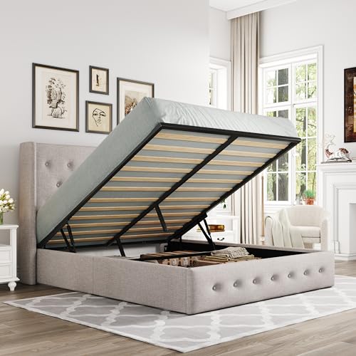 Full Size Lift Up Storage Bed with Wingback Headboard, Light Beige W9658