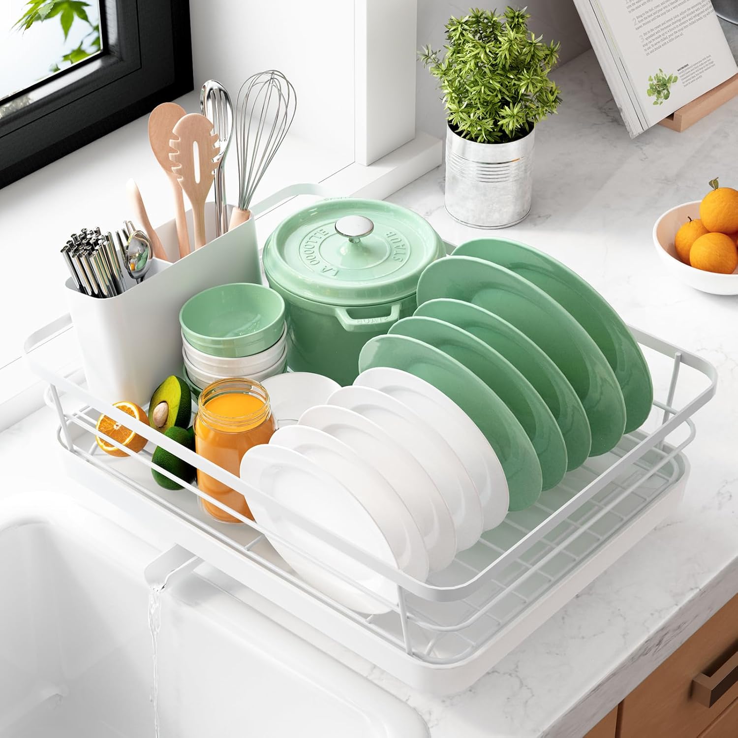 White Stainless Steel Dish Drying Rack with Cutlery Holder O8755