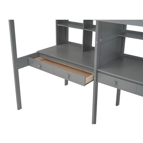 White Twin Size Wood Loft Bed with Storage Stairs and Double Desks D17316