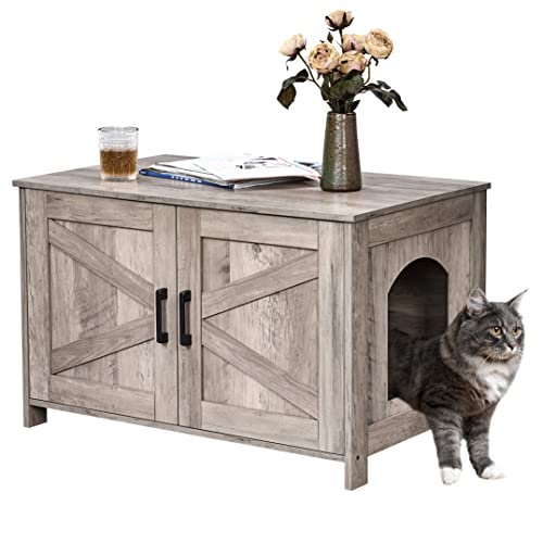39.4" L Wooden Cat Litter Box Enclosure with Barn Door, Greige T89879