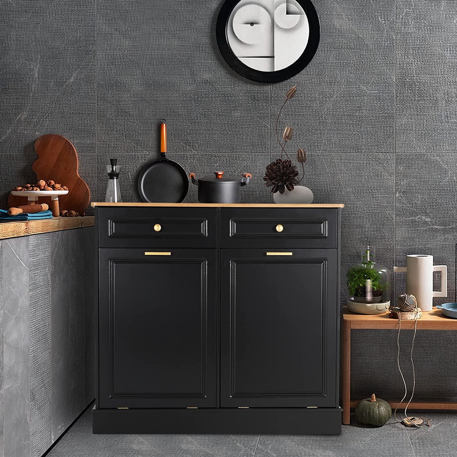 Black Double Tilt Out Trash Cabinets with Drawers Wooden Recycling Cabinet H4627