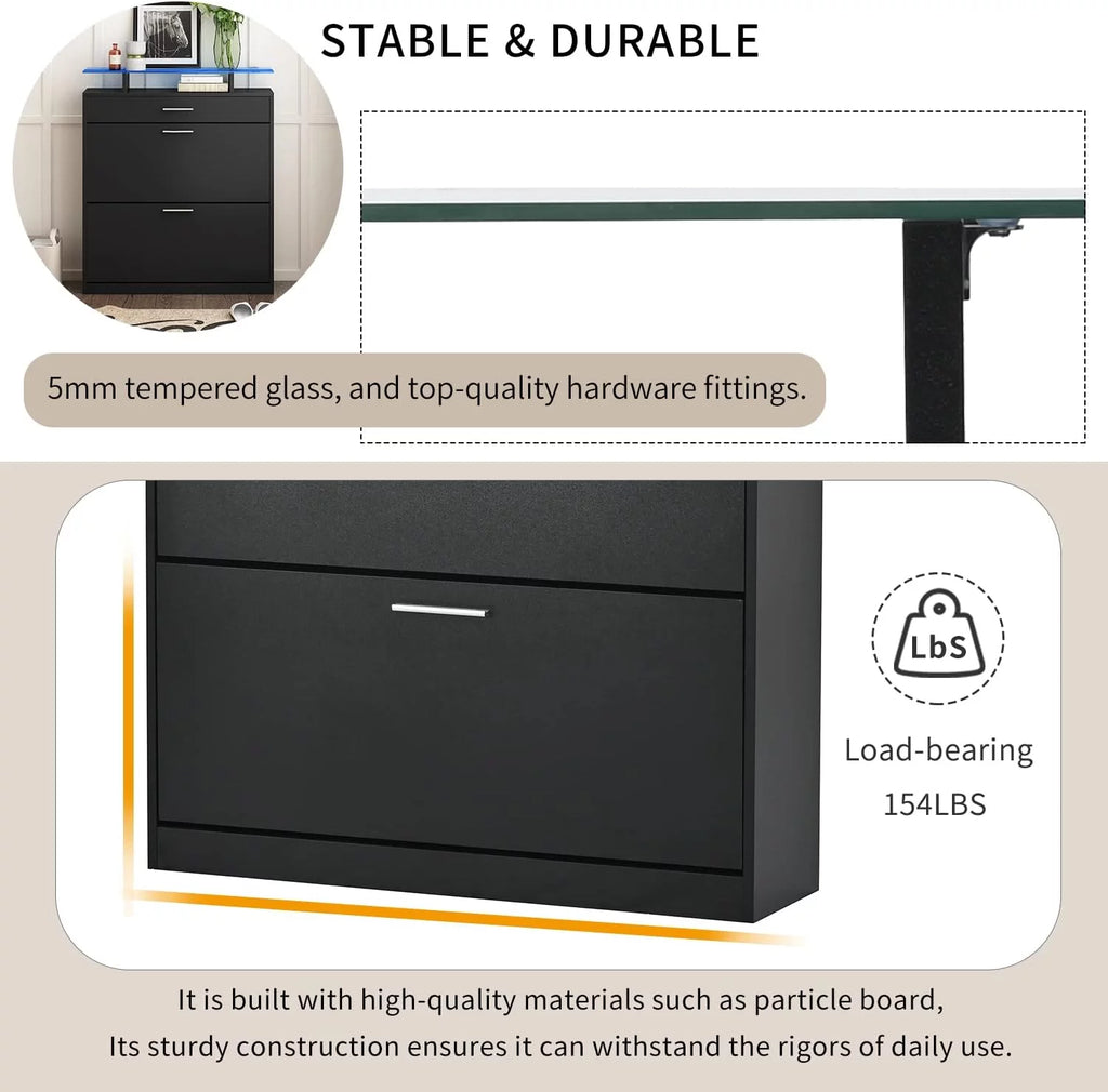 Black Slim Shoe Cabinet with 2 Flip Drawers and Tempered Glass Top G577