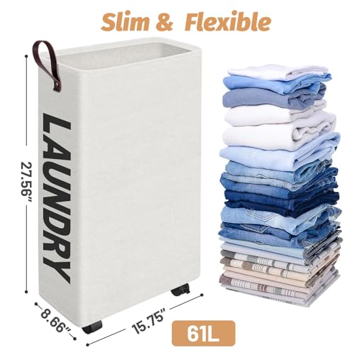 Grey Rolling Slim Laundry Basket on Wheels T349