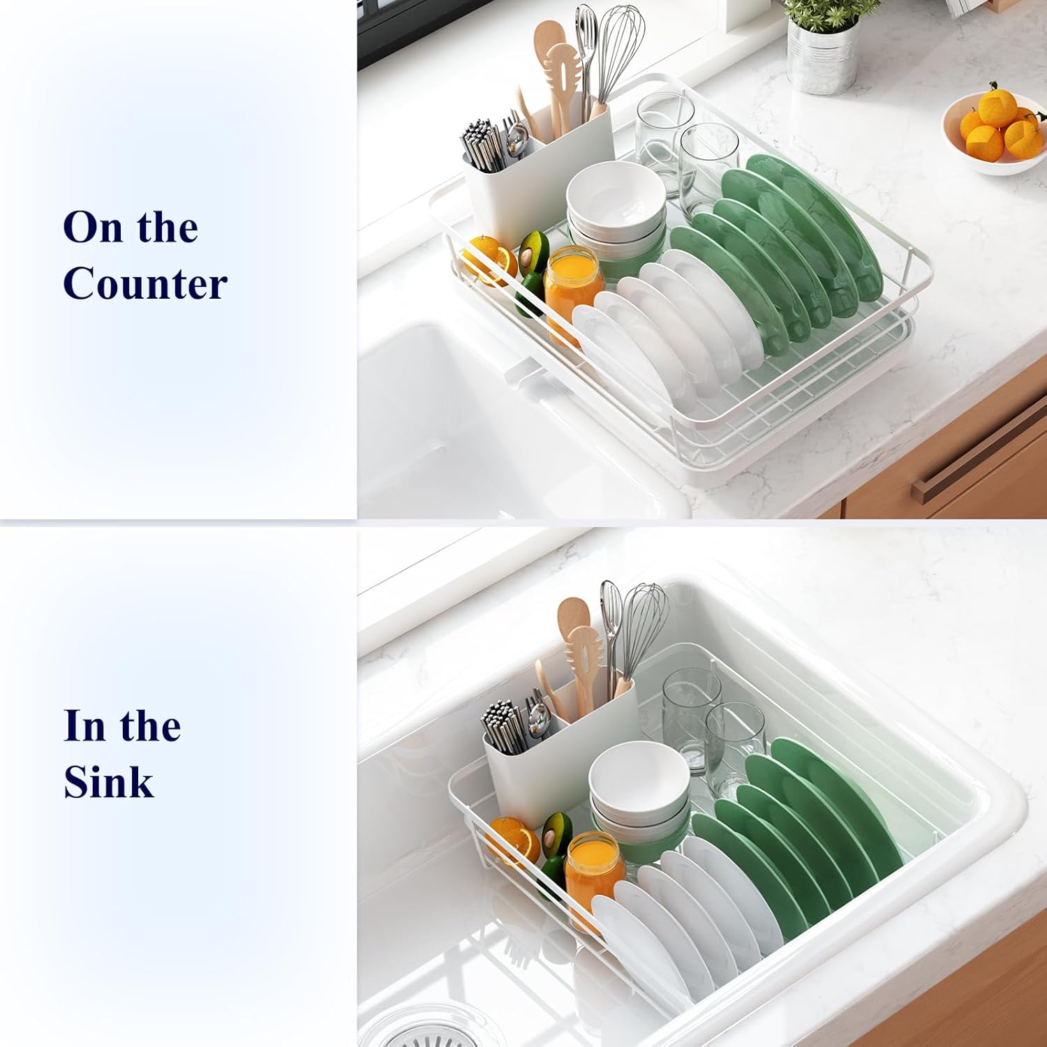 White Stainless Steel Dish Drying Rack with Cutlery Holder O8755