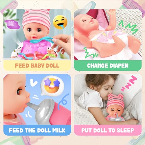 14 Inch Doll Playset with Carrier Bassinet Bed, Feeding Set, Doll Clothes F8132