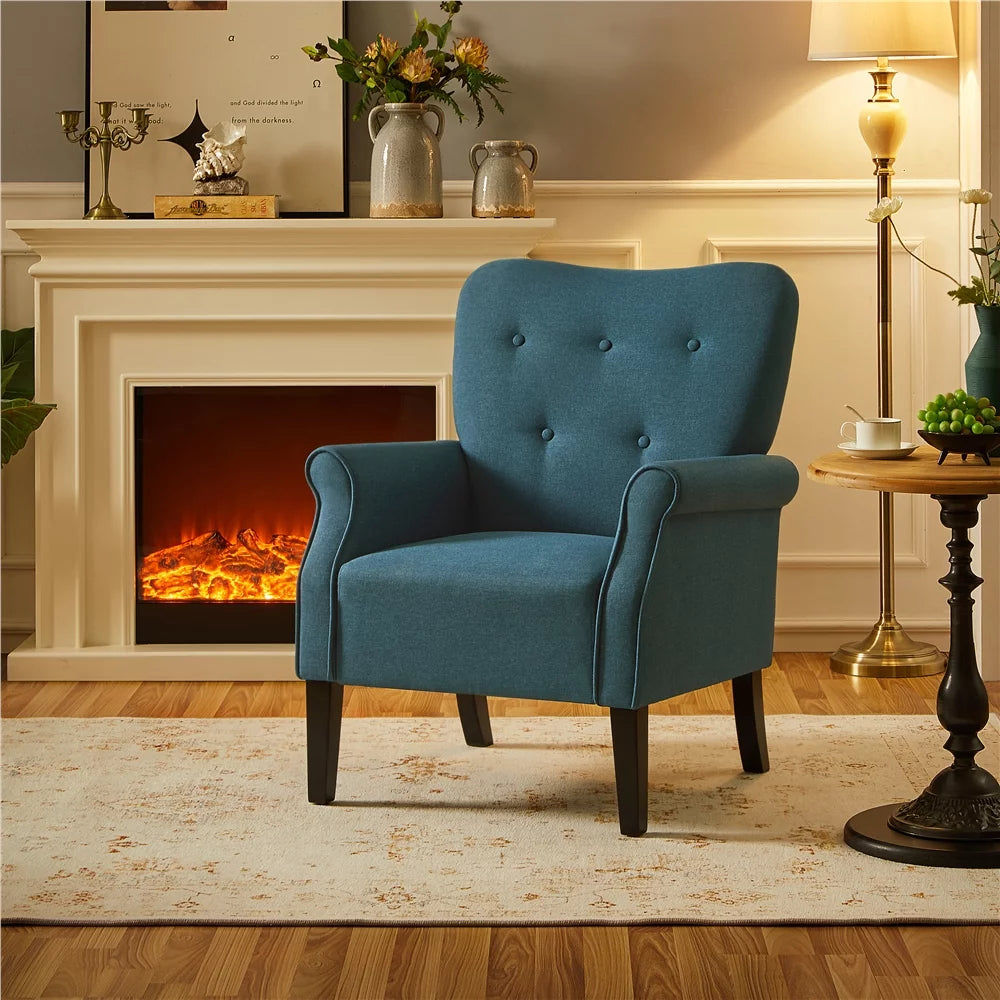 Navy Blue Upholstered Accent Chair with Wooden Leg E2860