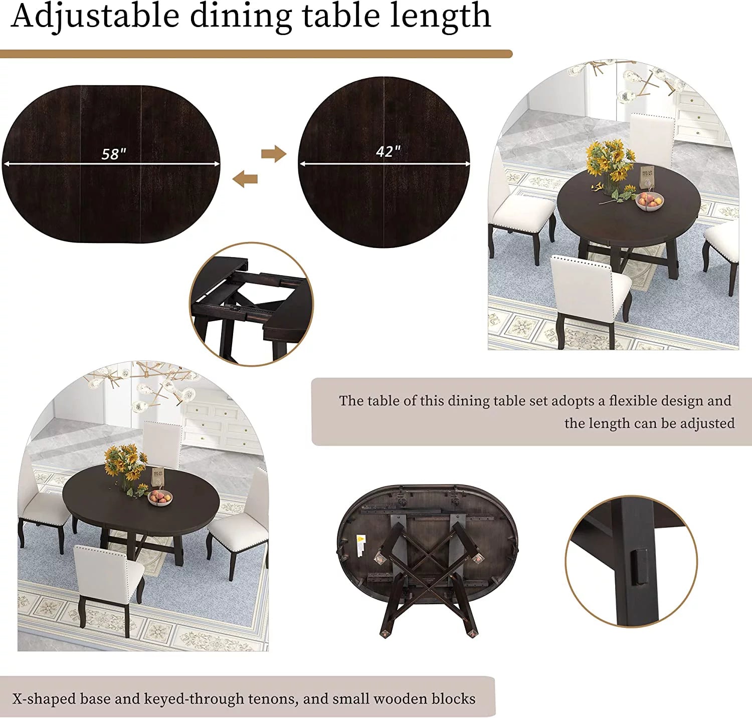 5-Piece Round Dining Table and Upholstered Chair Set with Shelf L2644