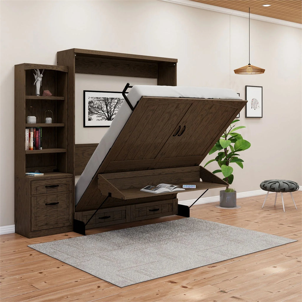 Brown Wood Queen Murphy Wall Desk Bed with Shelf Storage Y315