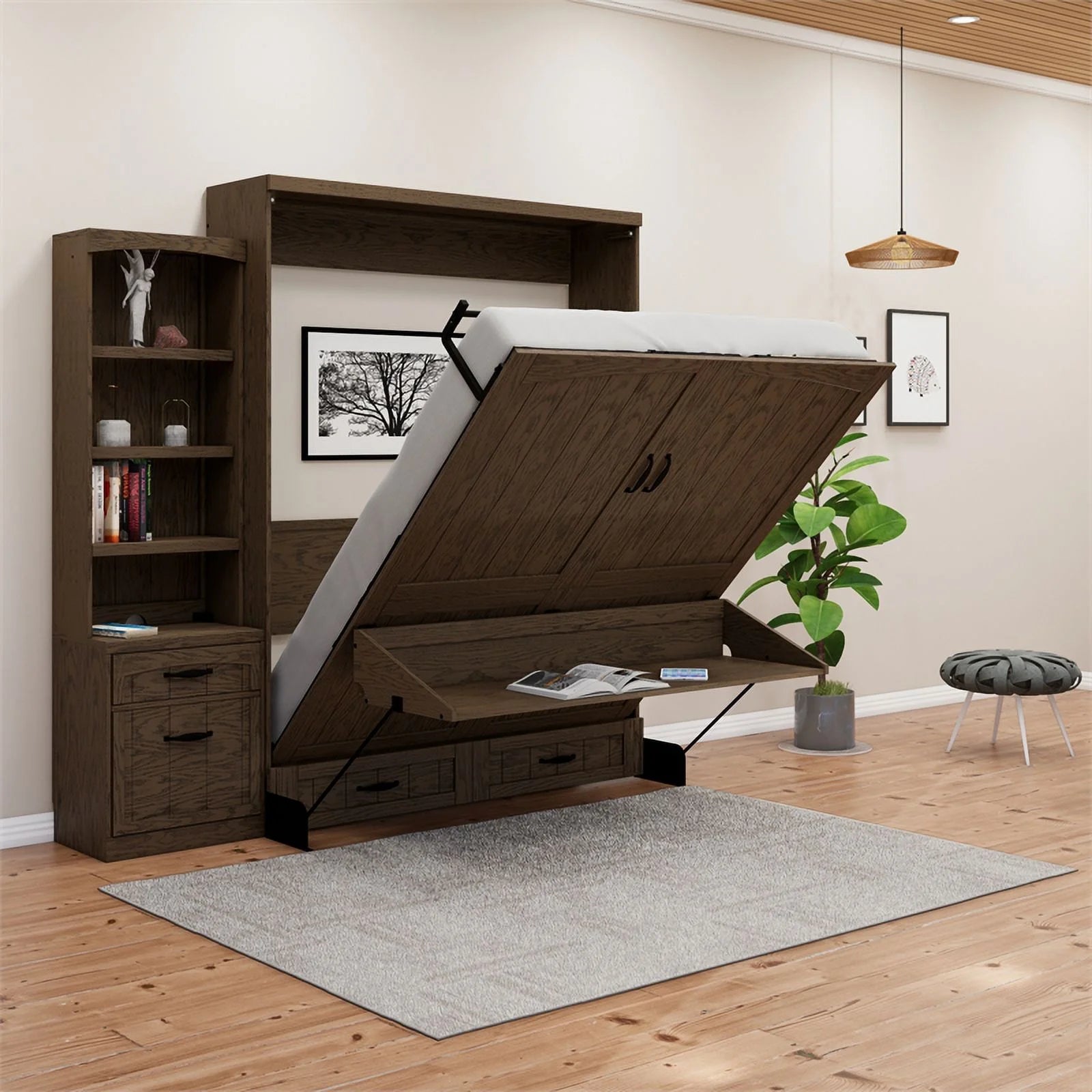 Brown Wood Queen Murphy Wall Desk Bed with Shelf Storage Y315