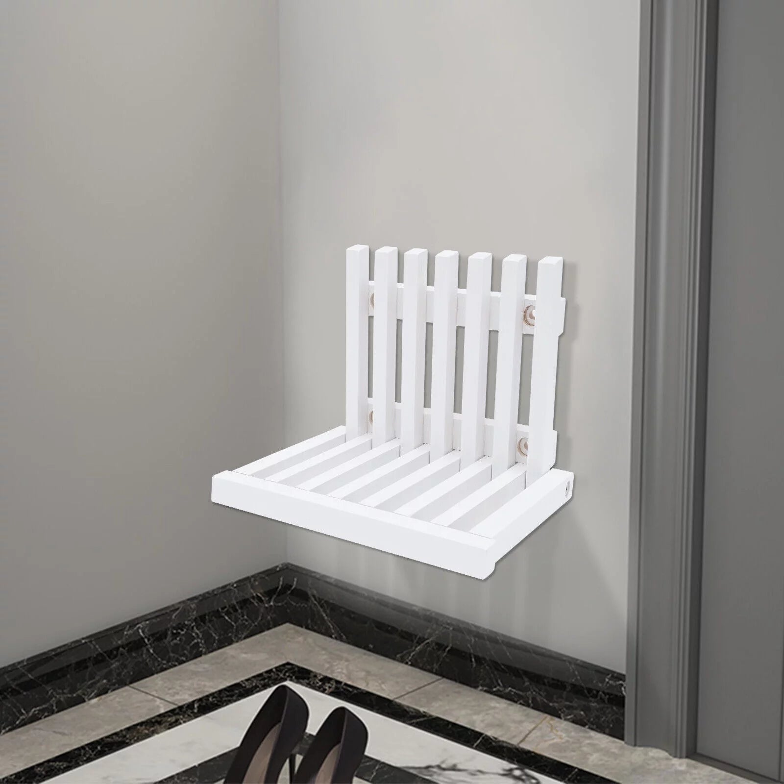 White Rubber Wood Wall Mounted Folding Stool Bench K908