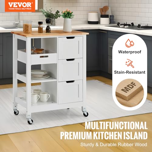 White 26 inch Wood Top Mobile Kitchen Island Cart with 3 Drawers and Shelves Y1844