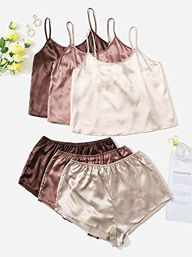 3 Sets Silk Satin Pajama Set Sleeveless V Neck Crop Cami Top and Shorts J31621
