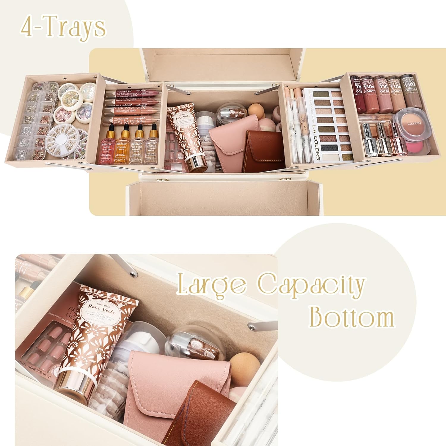 Large Portable Cosmetic Makeup Storage Box Organizer with 4 Tray Compartments Champagne Beige Vegan Leather F5669