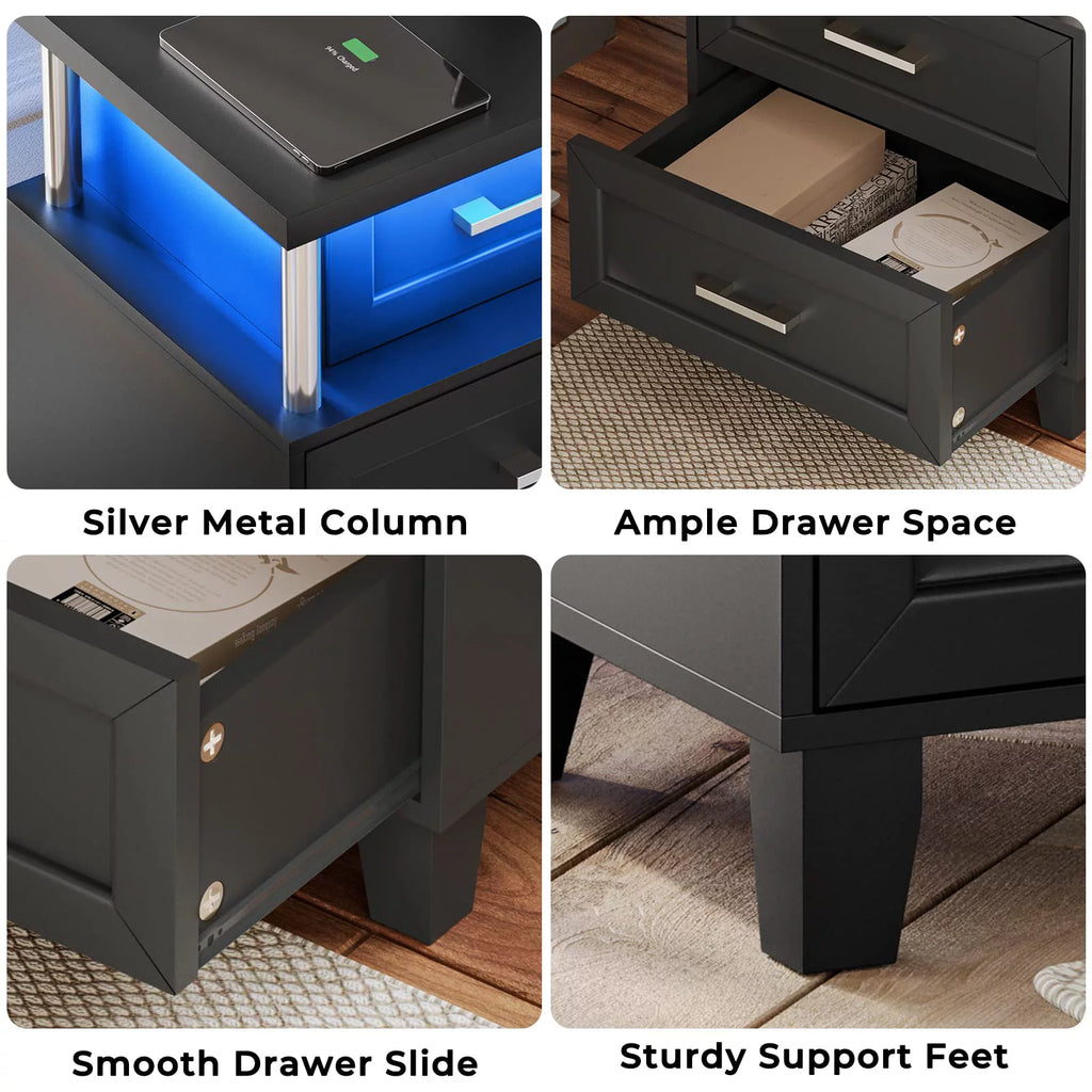 Black LED Nightstand Set of 2 with 3 Drawer U301