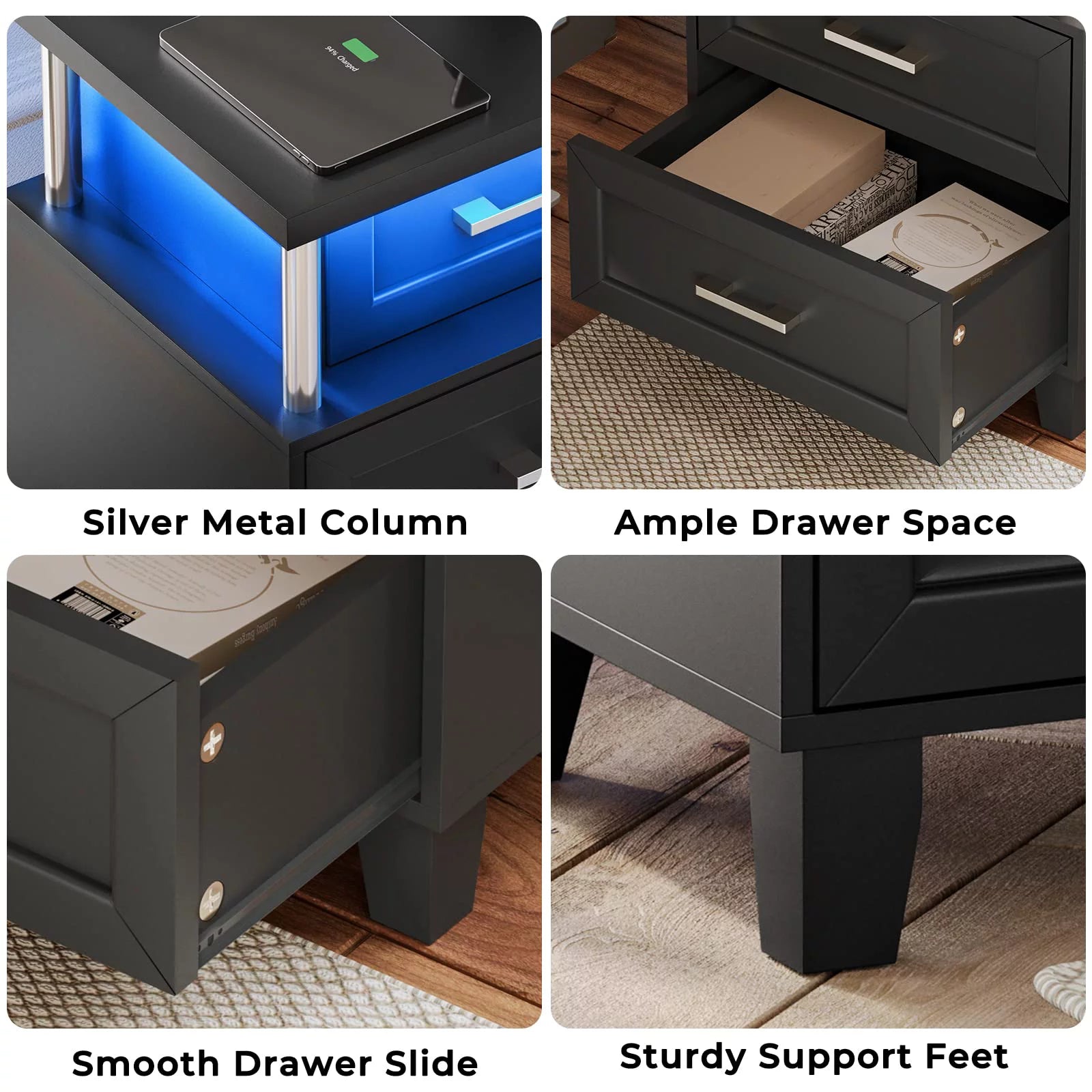 Black LED Nightstand Set of 2 with 3 Drawer U301