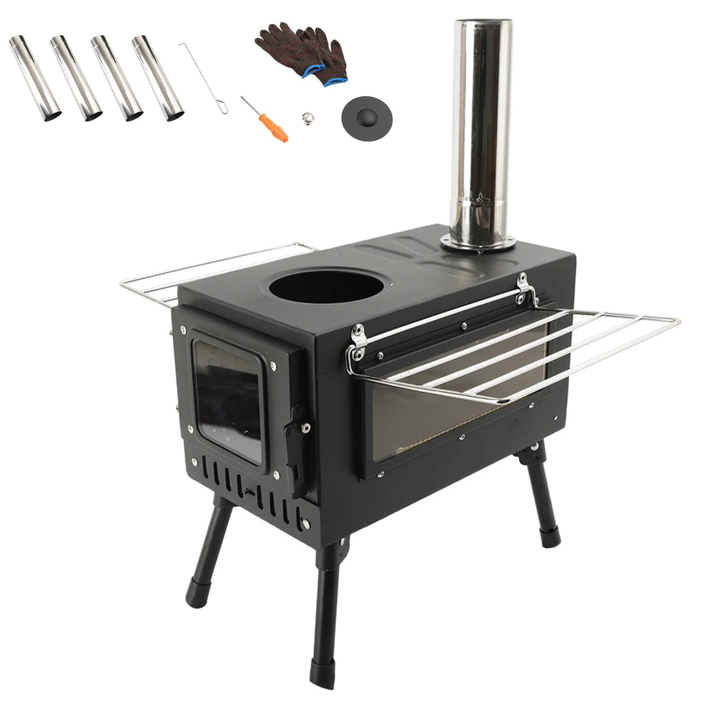 Large Tent Wood Stove with Window and 6 Chimney Pipe L9046