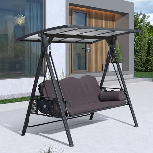 Grey 3-seat Outdoor Swing Chair with Canopy and Cup Holder D846430