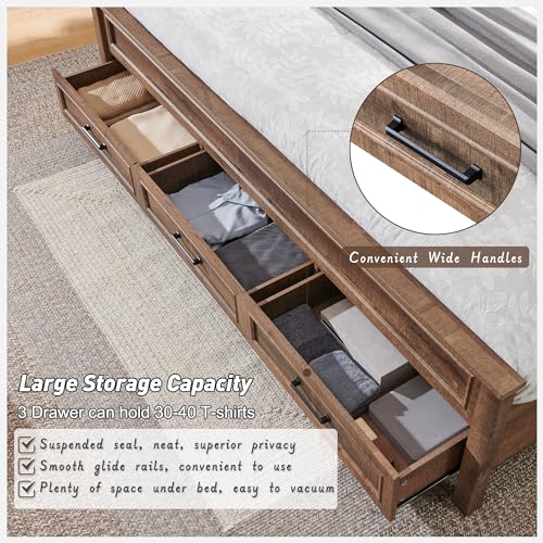 Antique Brown King Size Wood Platform Bed Frame with Headboard and Storage Drawers F960