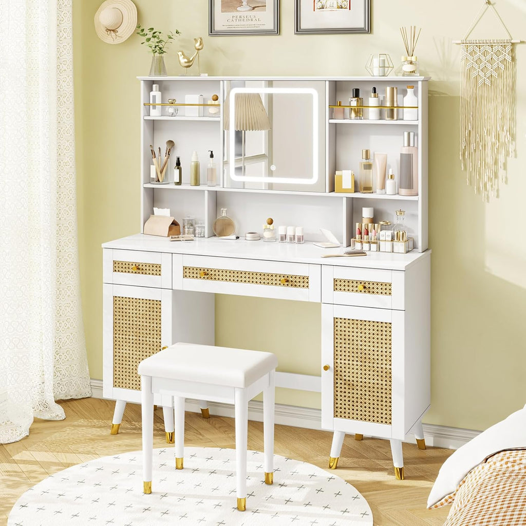 White Rattan Makeup Vanity Desk with Mirror and Lights and Stool L649650