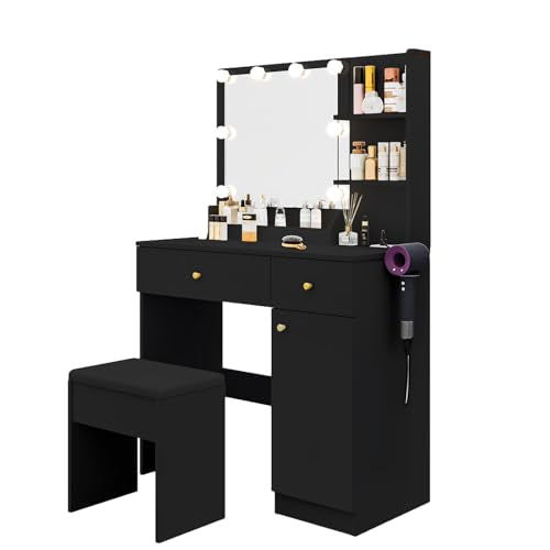 White Vanity Desk with Mirror and Lights Dimmable LED Makeup Table with Drawers Side Cabinet 3 Storage Shelves Power Outlet Dressing Table Set Include Holder Cushioned Stool V26944