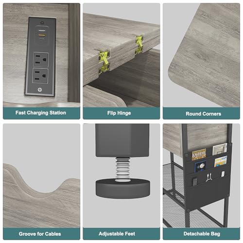 Rustic Brown Narrow Side Table with USB C Ports and Outlets and Drawers V4288