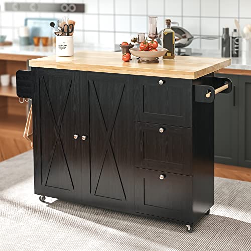 Black Rolling Kitchen Island Cart with Drop-Leaf Countertop, 3 Drawers, Rubberwood Top, on Wheels I767