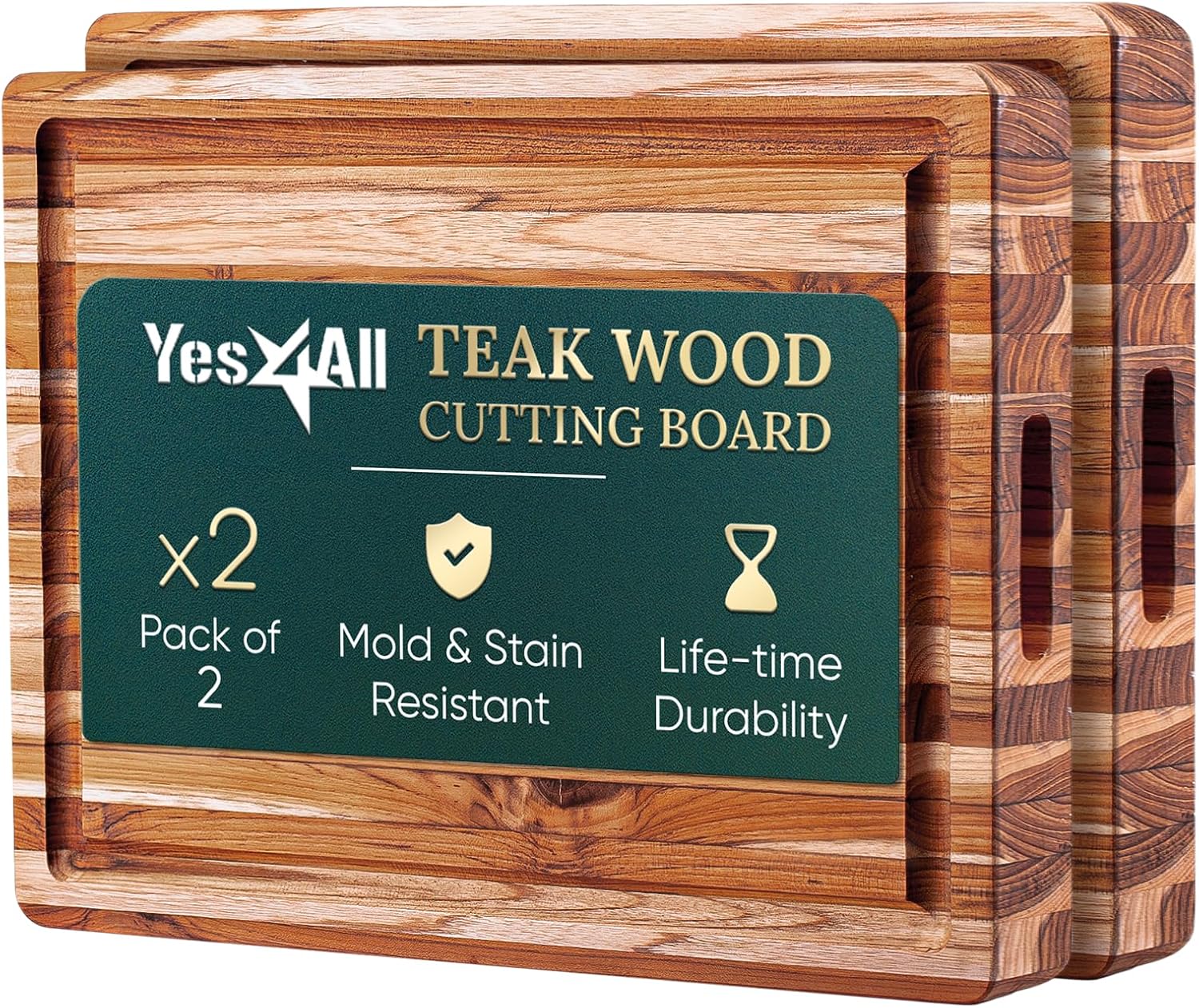 Set of 2 Teak Wood Cutting Board with Juice Groove and Handles - 17 inches + 20 inches W1868