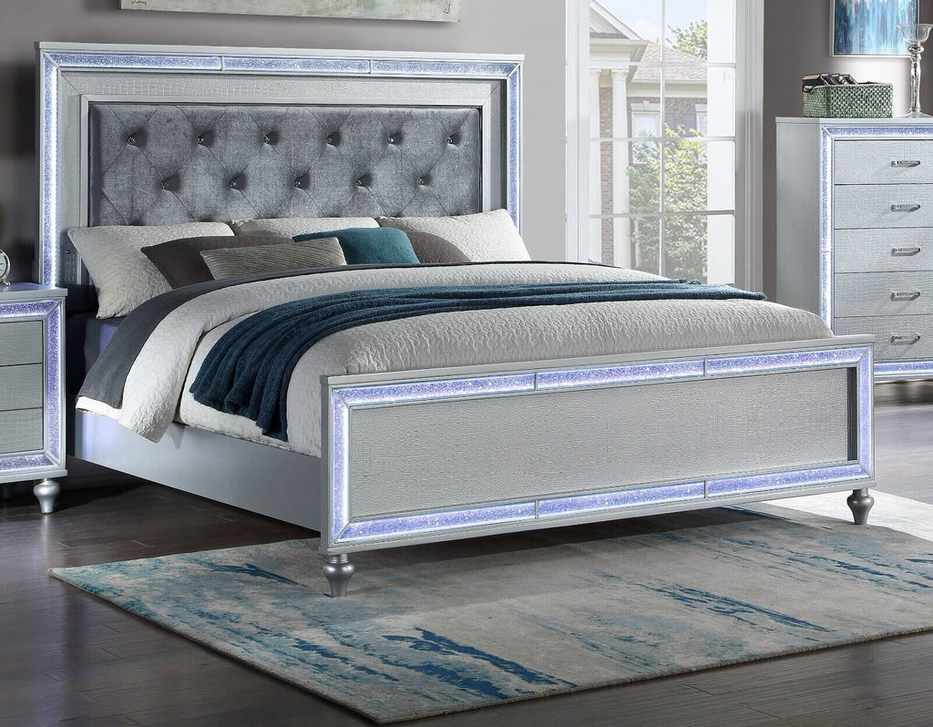 4pc King Size Upholstered Bed Dresser Mirror Nightstand Wooden Set Silver Finish R812