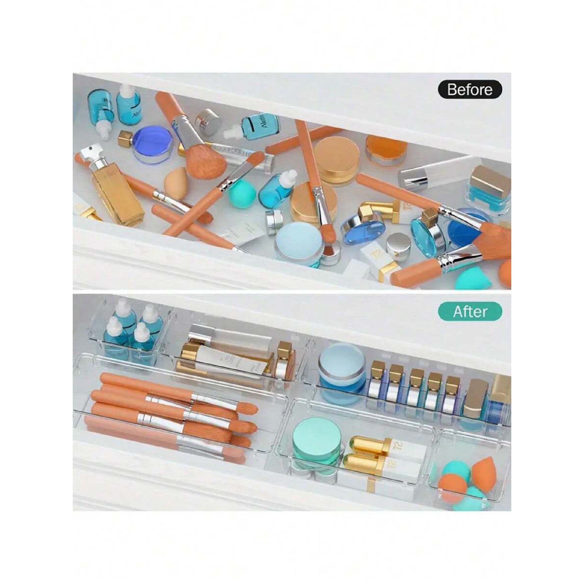 Clear Plastic Drawer Organizers Set, 4-Size Trays Y84555