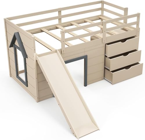 Twin Low Loft Bed with 3 Storage Drawers, Wood Loft Bed with Slide, Ladder, Guardrails E140607