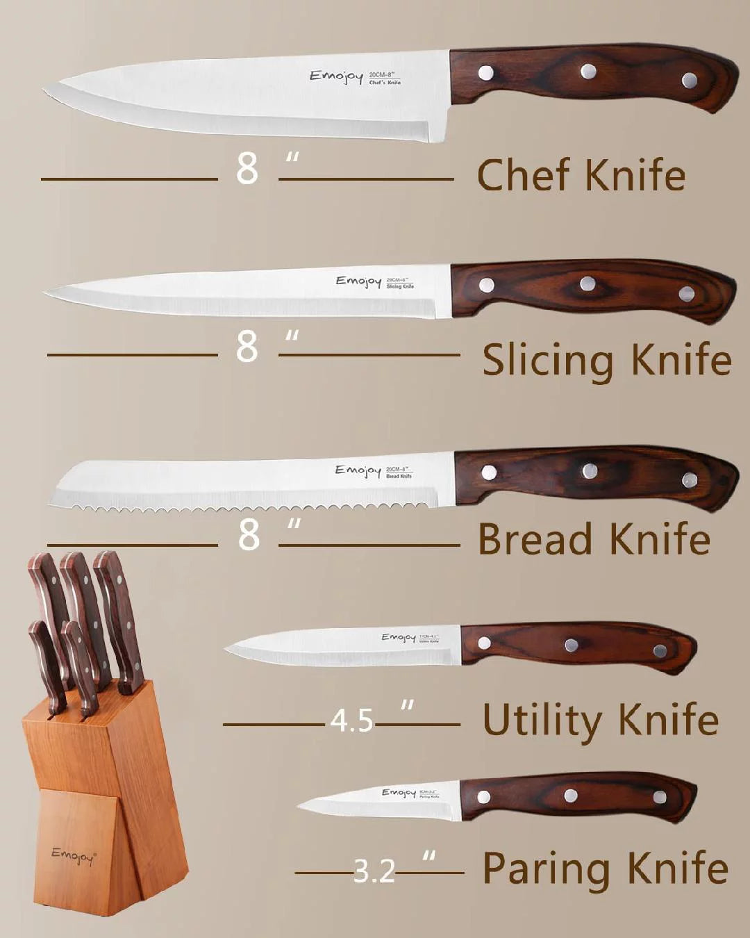 6 Pcs High Carbon Stainless Steel Wooden Handle Knife Block Set J868054