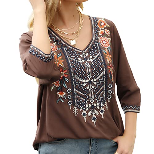 Embroidered 3/4 Sleeve V Neck Tunic Blouses U3489