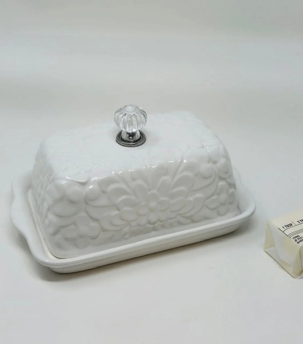 white floral butter dish with crystal knob S999