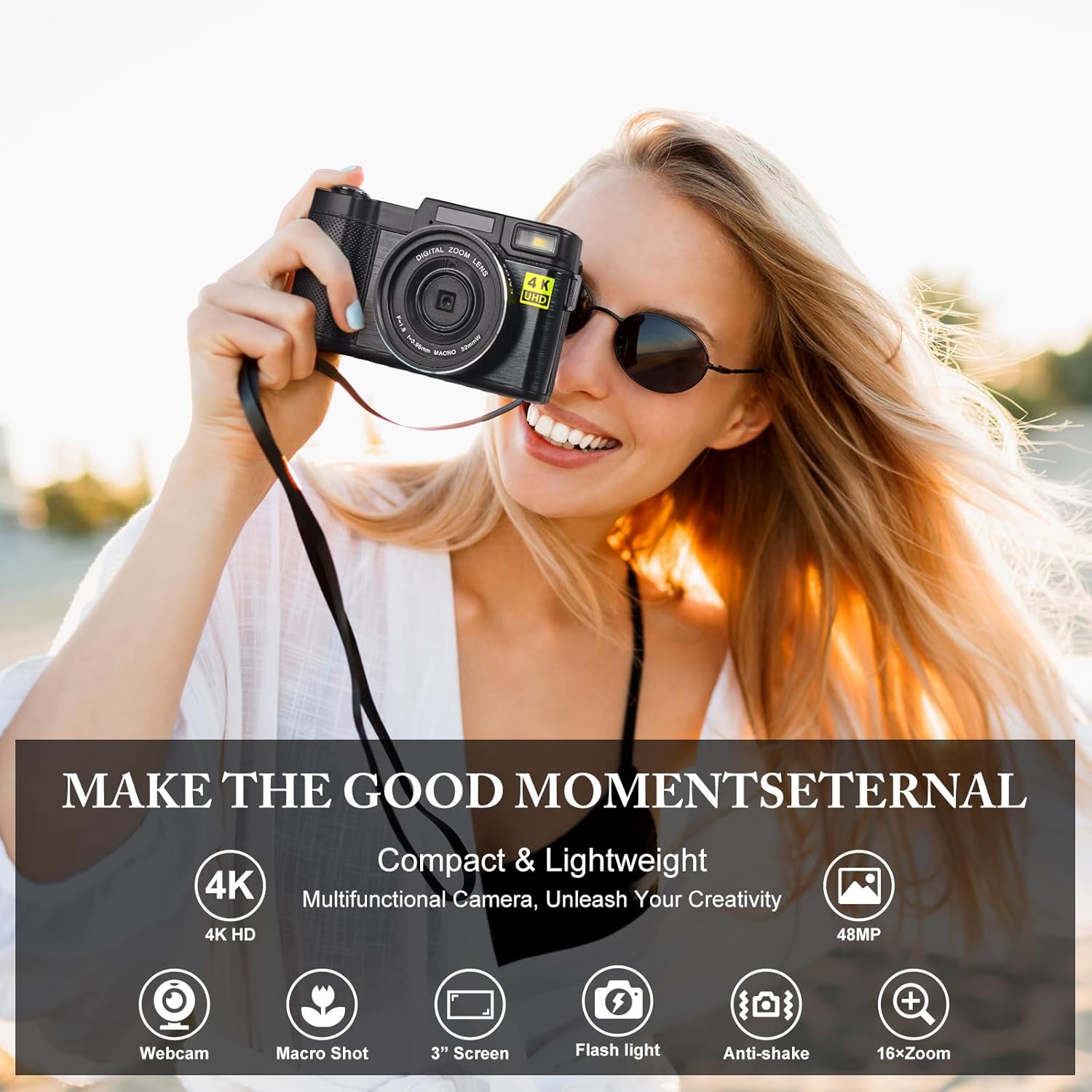 48MP 4K Digital Camera with 16X Digital Zoom Macro Camera, 3’’180°Flip Screen Compact Video Camera with Liftable Flash, SD Card&2 Batteries O308637
