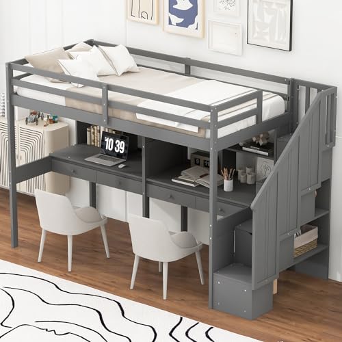 White Twin Size Wood Loft Bed with Storage Stairs and Double Desks D17316