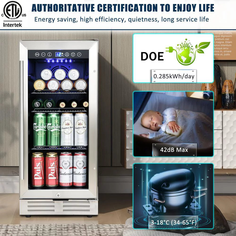 15 Inch Beverage Refrigerator Under Counter Built-in Wine Cooler Mini Fridge Clear Glass Door N288903