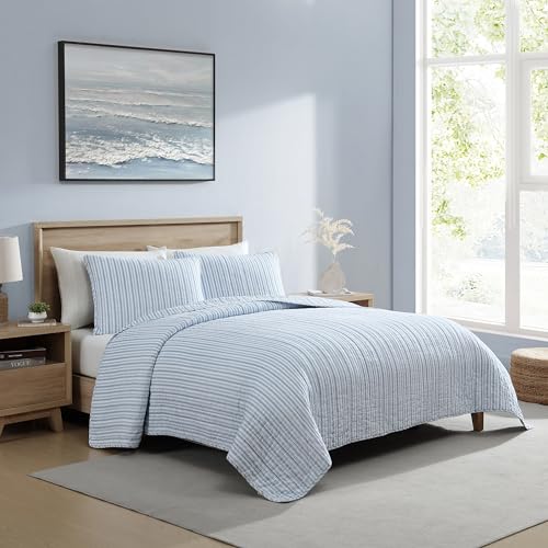 Queen Quilt Set, Reversible Cotton Bedding with Matching Shams, Light Blue Q29649