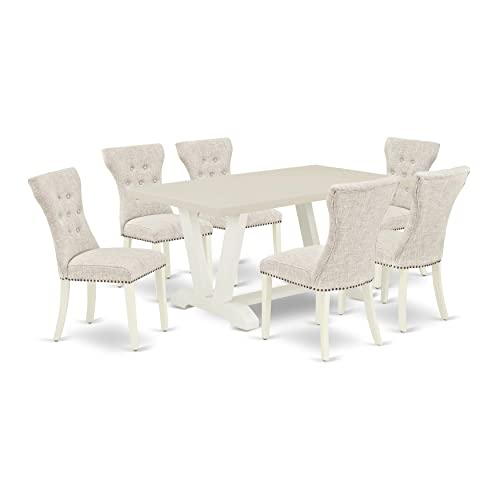 7 Piece Rectangle Dining Table with 6 Doeskin Linen Fabric Upholstered Chairs V1646