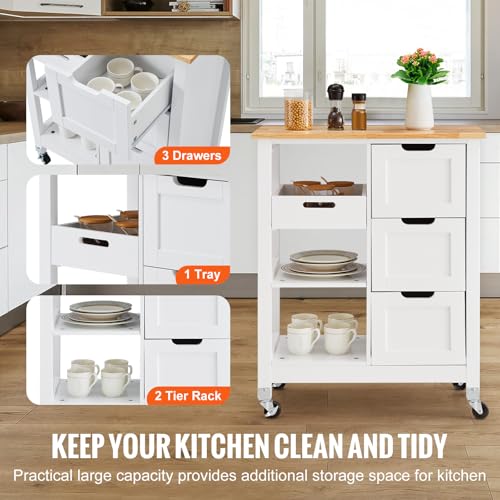 White 26 inch Wood Top Mobile Kitchen Island Cart with 3 Drawers and Shelves Y1844