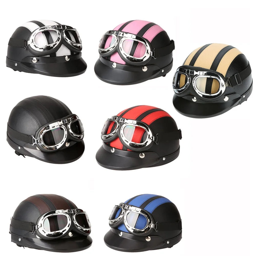 Motorcycle Scooter Open Face Half Leather Helmet with Visor UV Goggles 54-60cm I870998