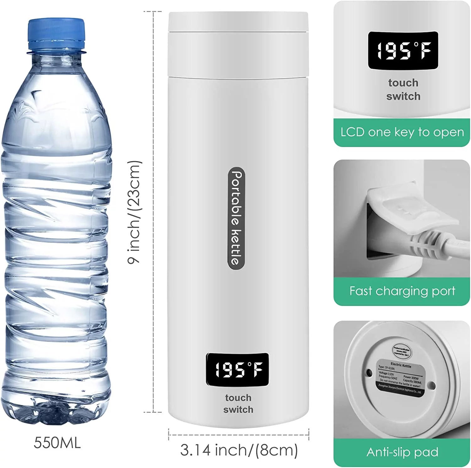 Portable Electric Kettle, 380ML Small Mini 304 Stainless Hot Water Maker F8229
