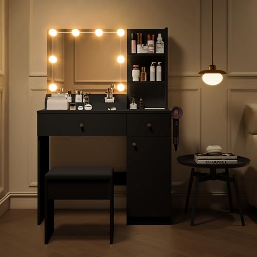 White Vanity Desk with Mirror and Lights Dimmable LED Makeup Table with Drawers Side Cabinet 3 Storage Shelves Power Outlet Dressing Table Set Include Holder Cushioned Stool V26944